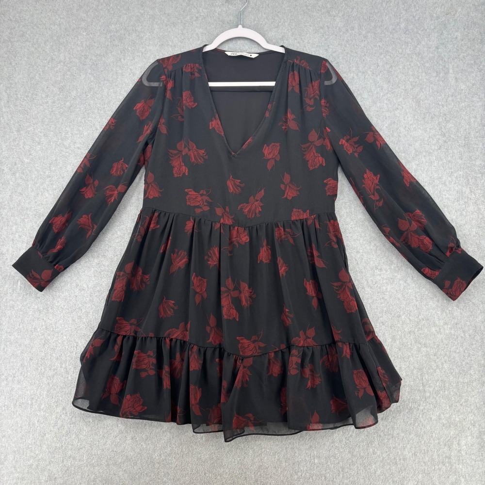 Zara Dress Womens S Black Red Rose Floral Sheer Long Sleeve Tiered Babydoll Mini
